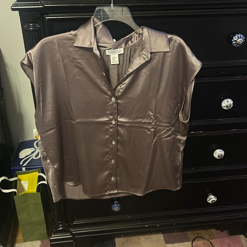Rachel & zoe brown satin button down t-shirt